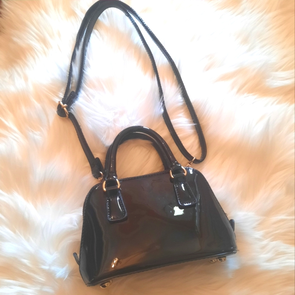 Kids Mini Purse - Black Patent - Gold Hardware - Shoulder Strap
